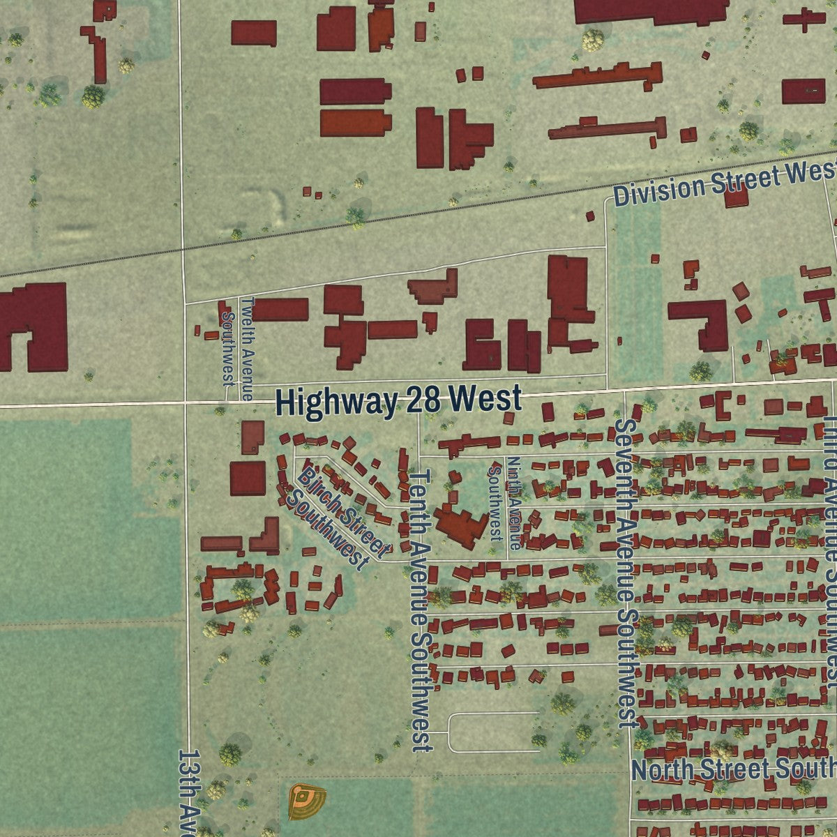Second close-up of the map of Quincy, Washington print showing more streets and buildings