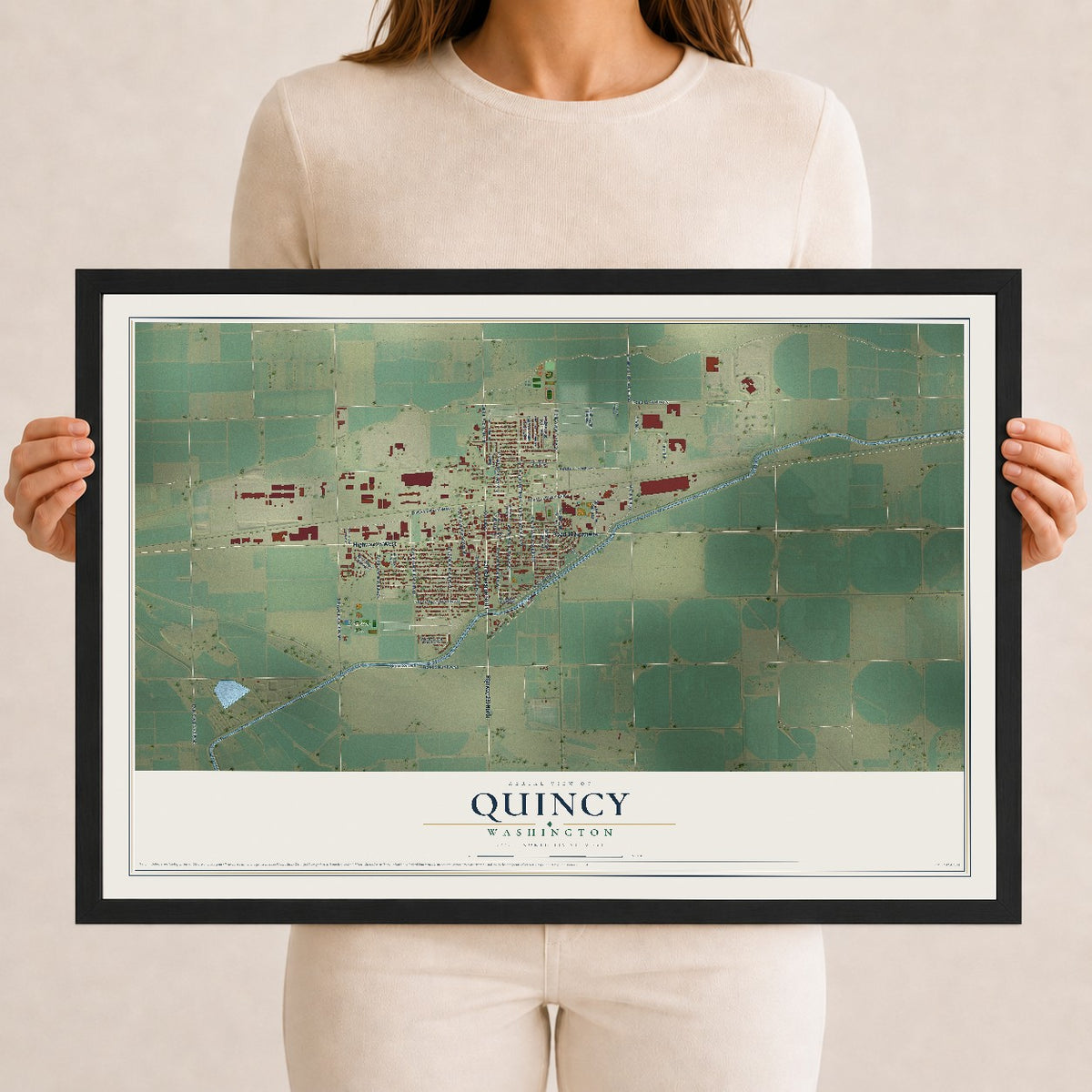 Map of Quincy, Washington, 12 x 18 inch print in a black wood frame