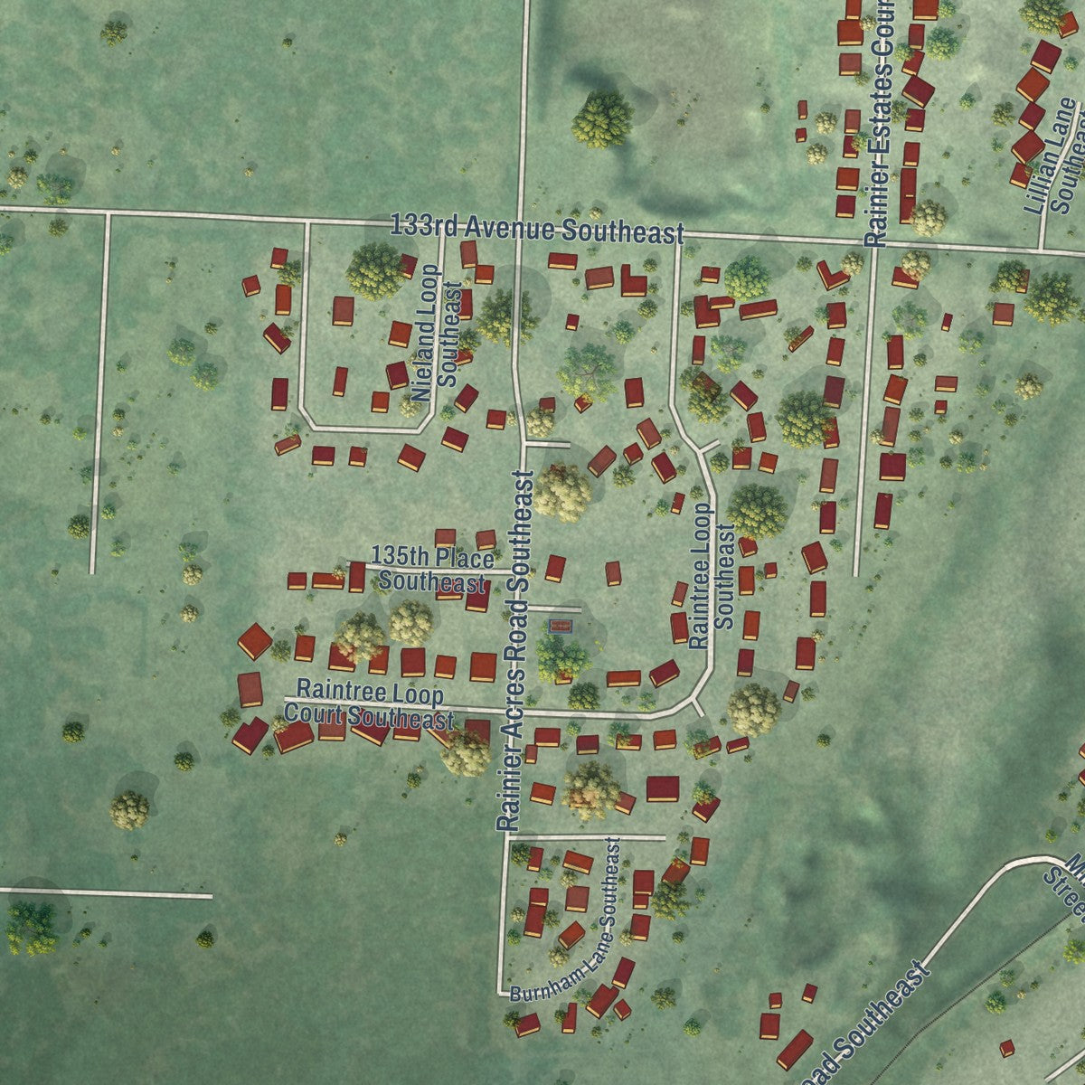 Second close-up of the map of Rainier, Washington print showing more streets and buildings