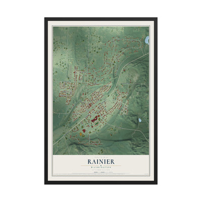 Map of Rainier, Washington, 12 x 18 inch print in a black wood frame