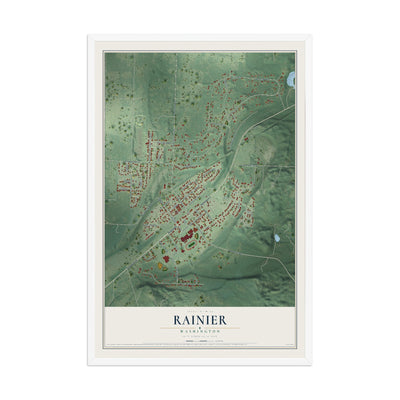 Map of Rainier, Washington, 12 x 18 inch print in a white wood frame
