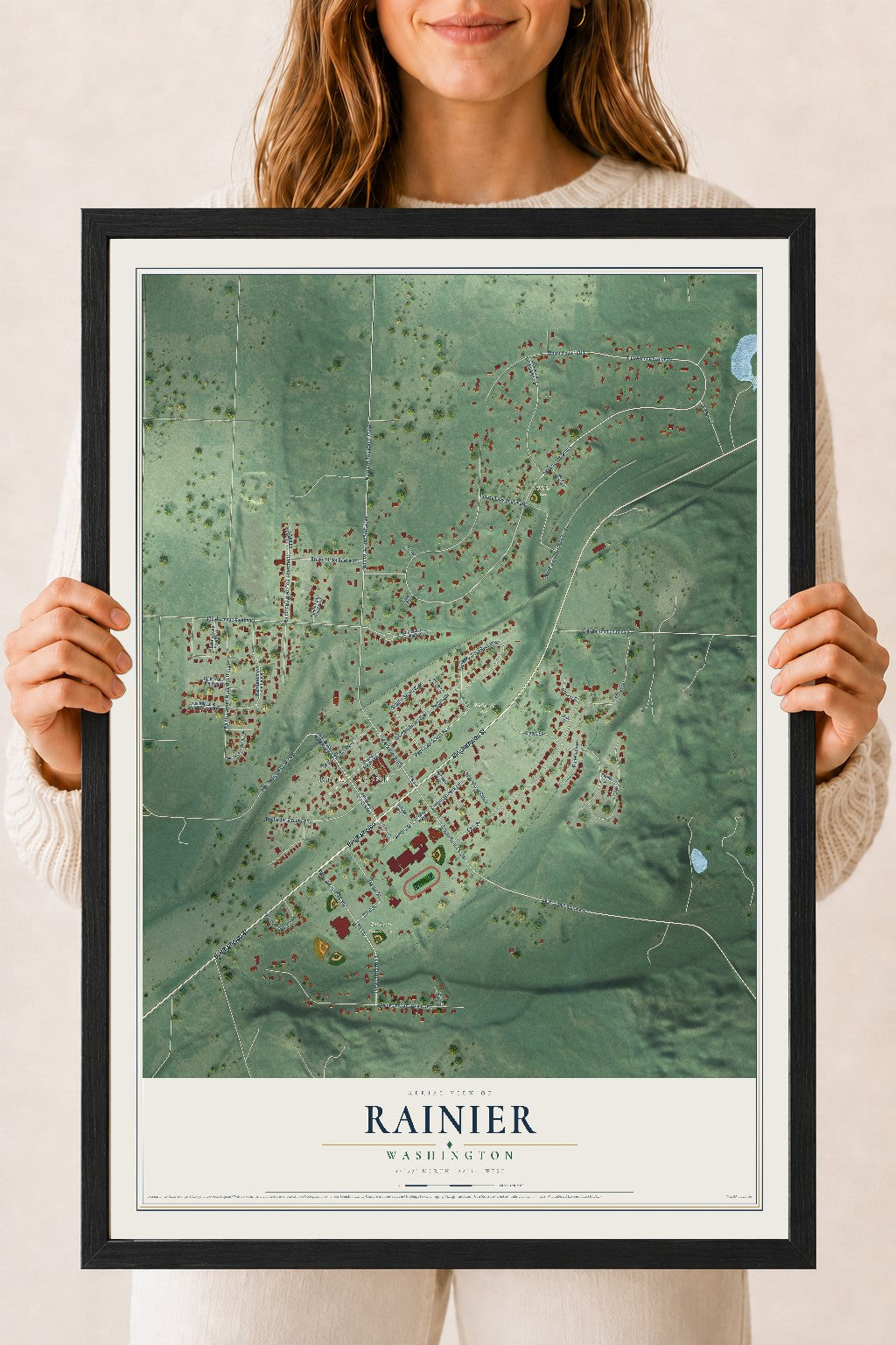 Map of Rainier, Washington, 18 x 24 inch print in a black wood frame