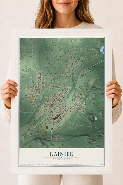 Map of Rainier, Washington, 18 x 24 inch print in a white wood frame