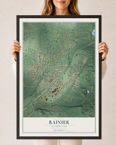 Map of Rainier, Washington, 24 x 36 inch print in a black wood frame