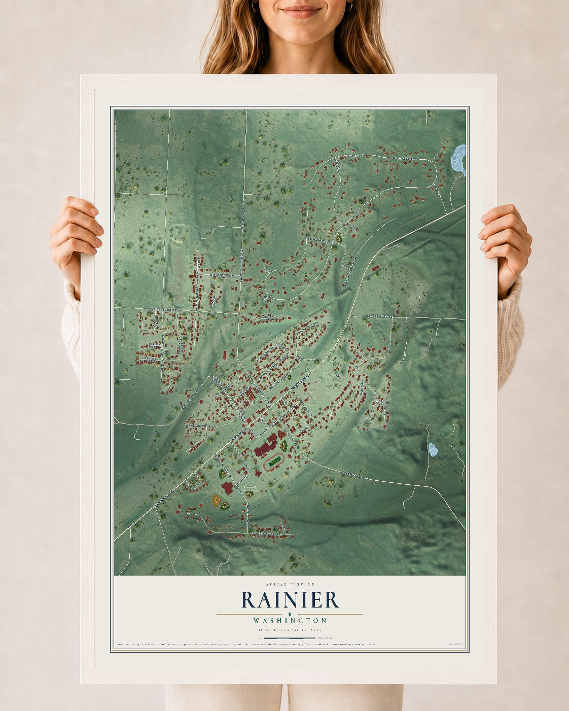 Map of Rainier, Washington, 24 x 36 inch print in a white wood frame