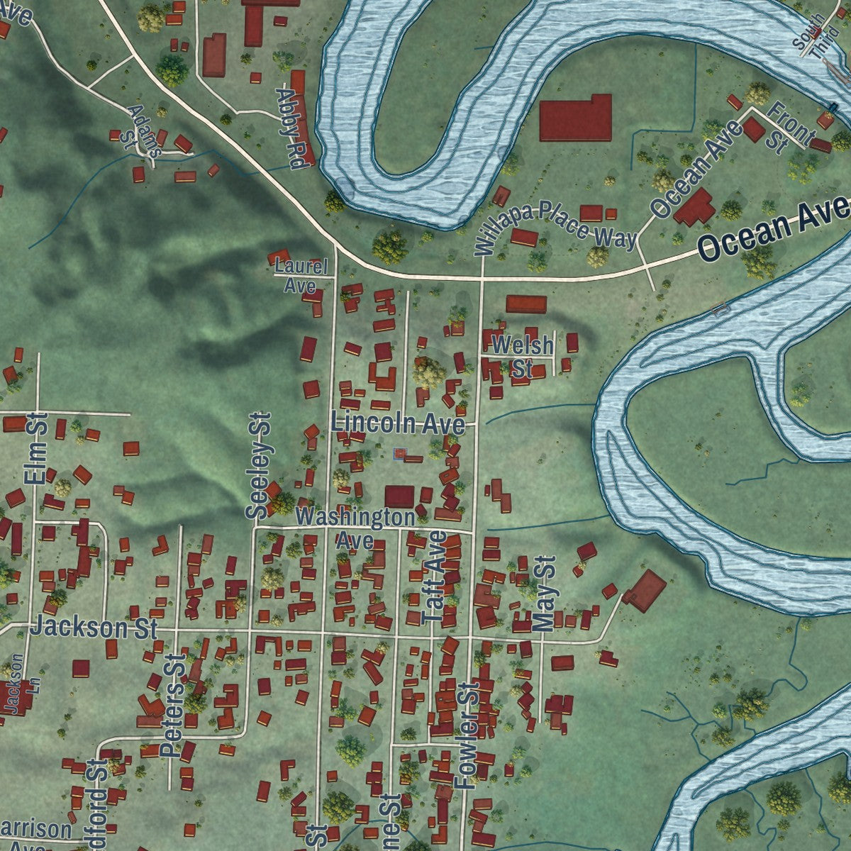 Close-up of the map of Raymond, Washington print showing street and building detail