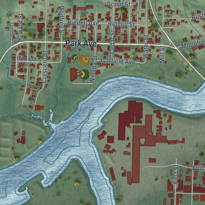 Second close-up of the map of Raymond, Washington print showing more streets and buildings
