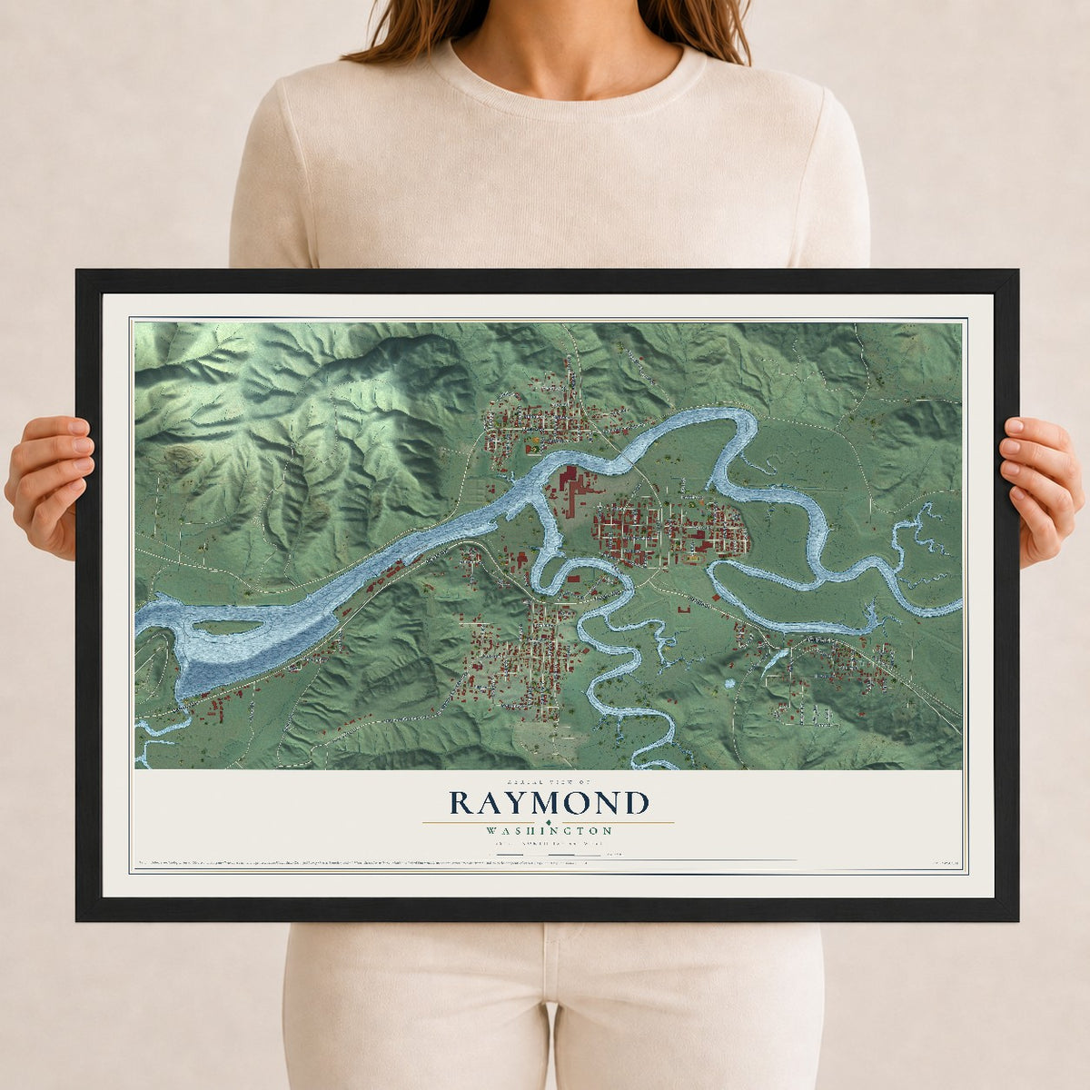 Map of Raymond, Washington, 12 x 18 inch print in a black wood frame