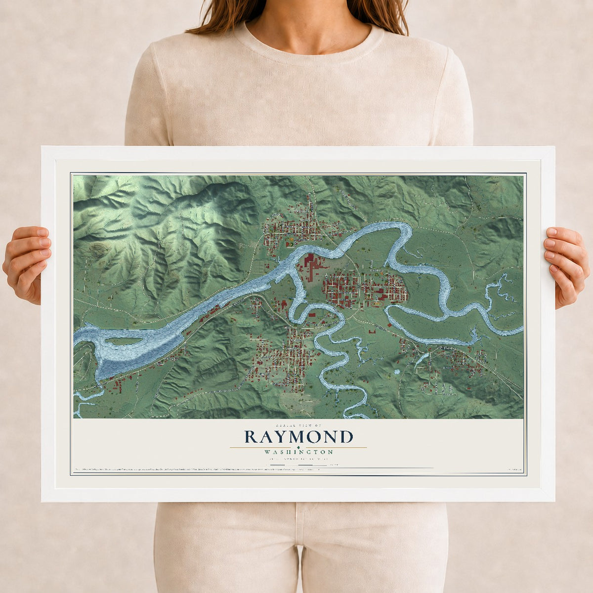 Map of Raymond, Washington, 12 x 18 inch print in a white wood frame
