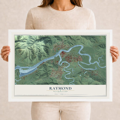Map of Raymond, Washington, 12 x 18 inch print in a white wood frame