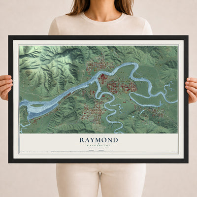 Map of Raymond, Washington, 18 x 24 inch print in a black wood frame