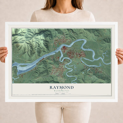 Map of Raymond, Washington, 18 x 24 inch print in a white wood frame