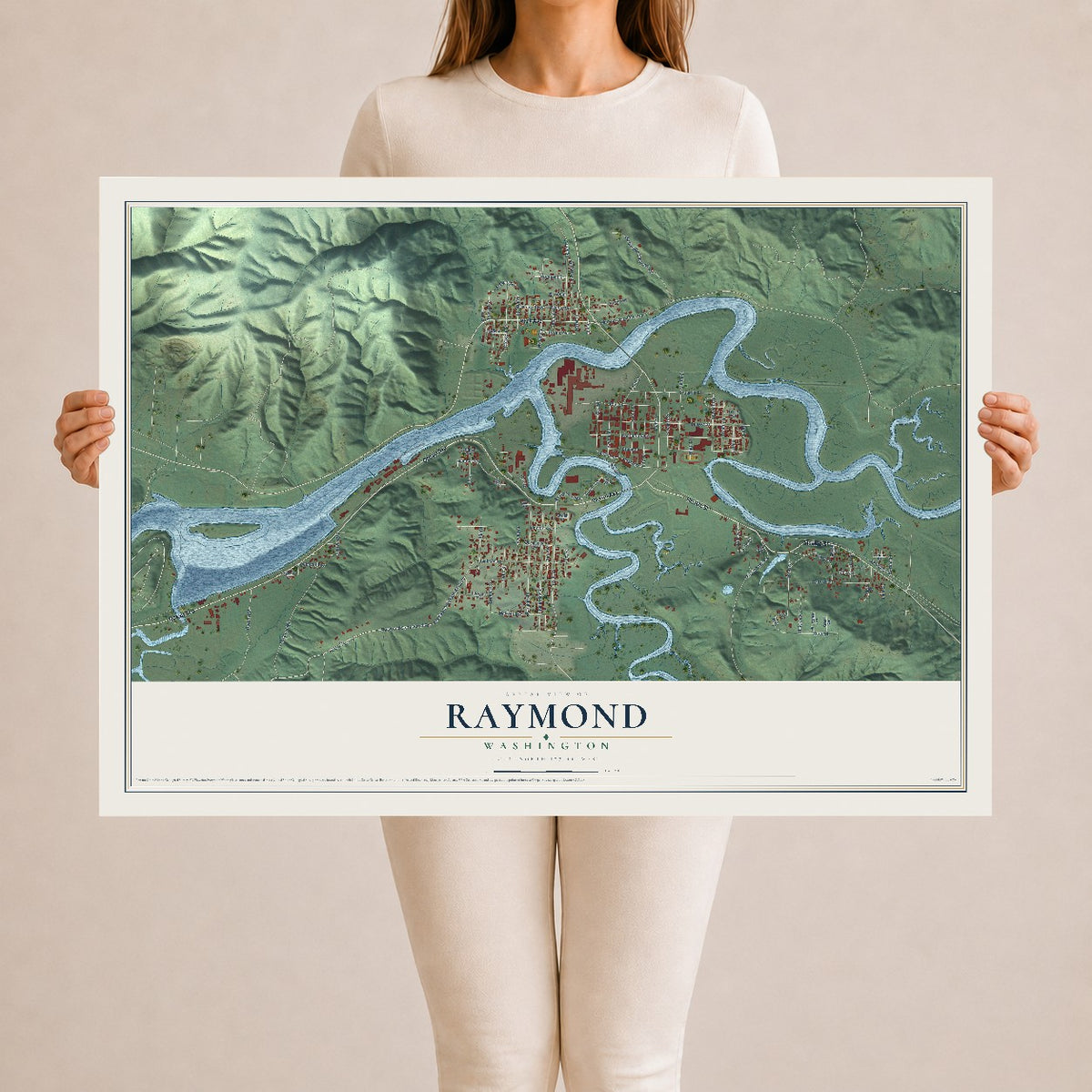 Map of Raymond, Washington, 24 x 36 inch unframed archival matte print
