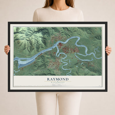 Map of Raymond, Washington, 24 x 36 inch print in a black wood frame