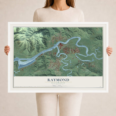 Map of Raymond, Washington, 24 x 36 inch print in a white wood frame