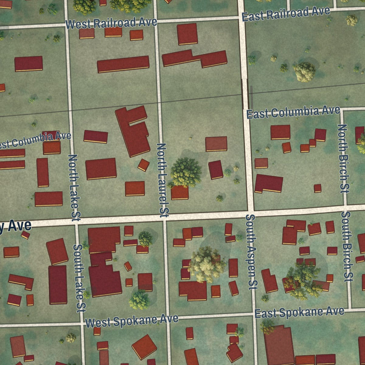 Close-up of the map of Reardan, Washington print showing street and building detail