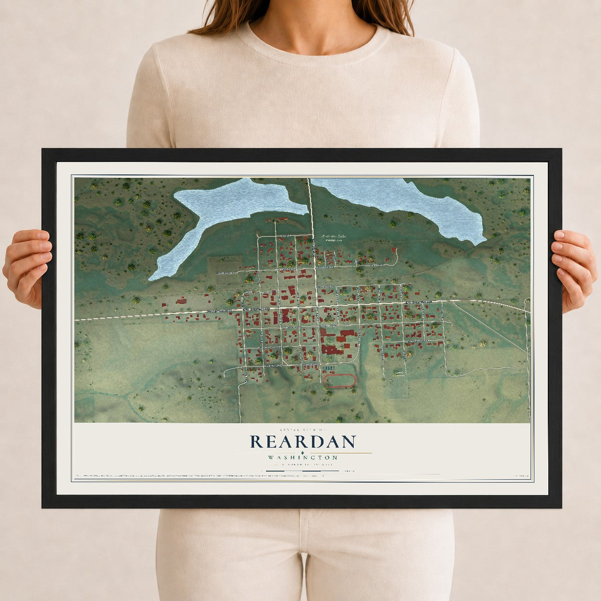 Map of Reardan, Washington, 12 x 18 inch print in a black wood frame