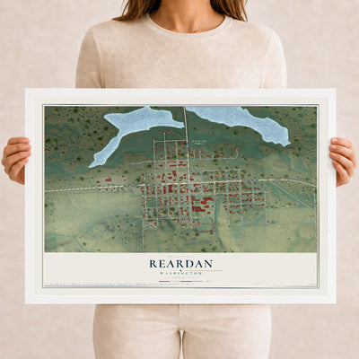Map of Reardan, Washington, 12 x 18 inch print in a white wood frame