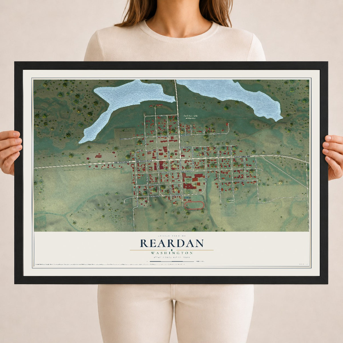 Map of Reardan, Washington, 18 x 24 inch print in a black wood frame