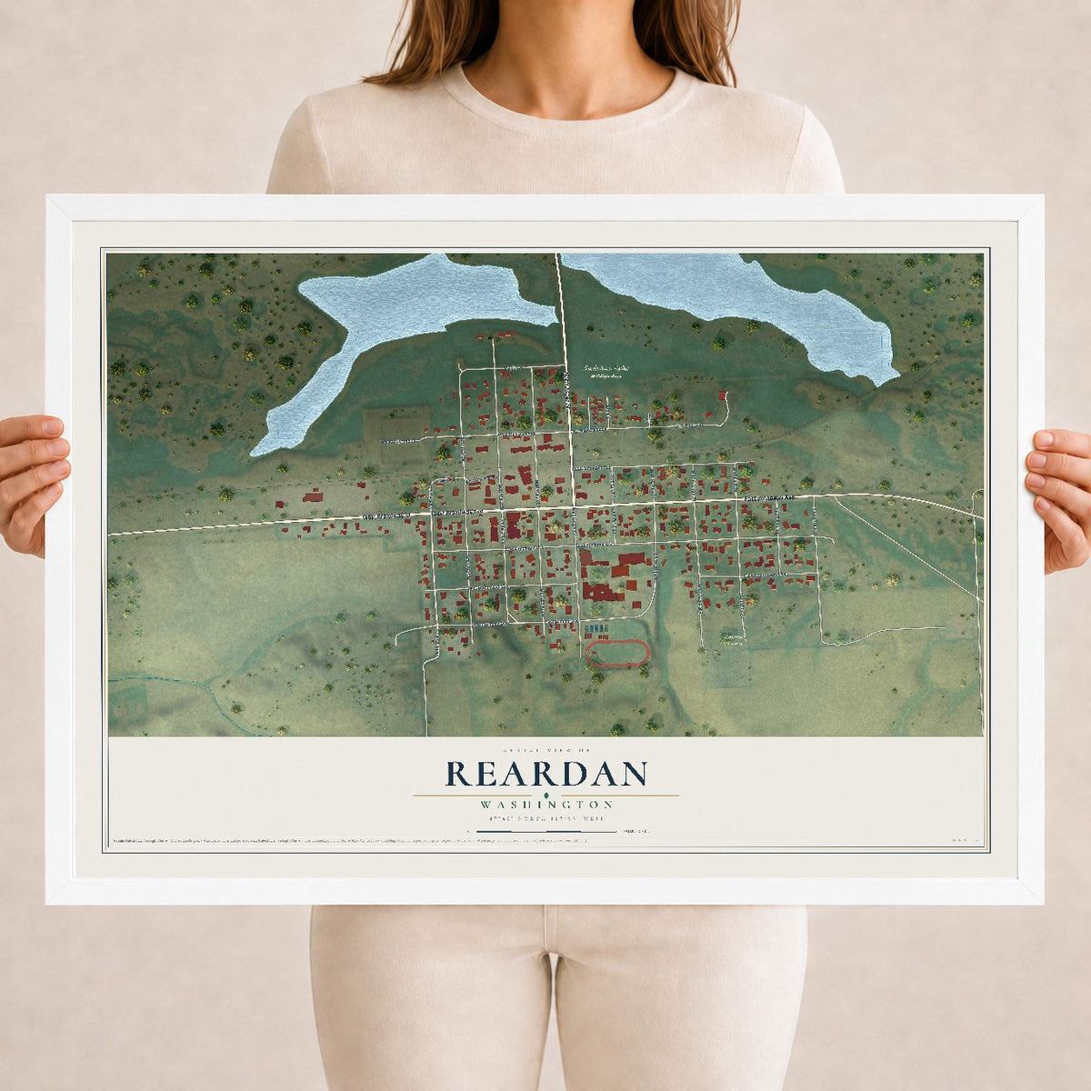 Map of Reardan, Washington, 18 x 24 inch print in a white wood frame