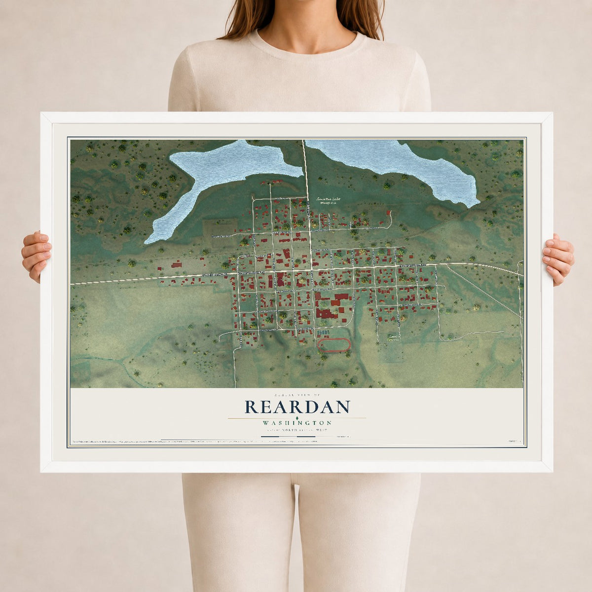 Map of Reardan, Washington, 24 x 36 inch print in a white wood frame