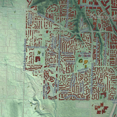 Second close-up of the map of Redmond, Washington print showing more streets and buildings