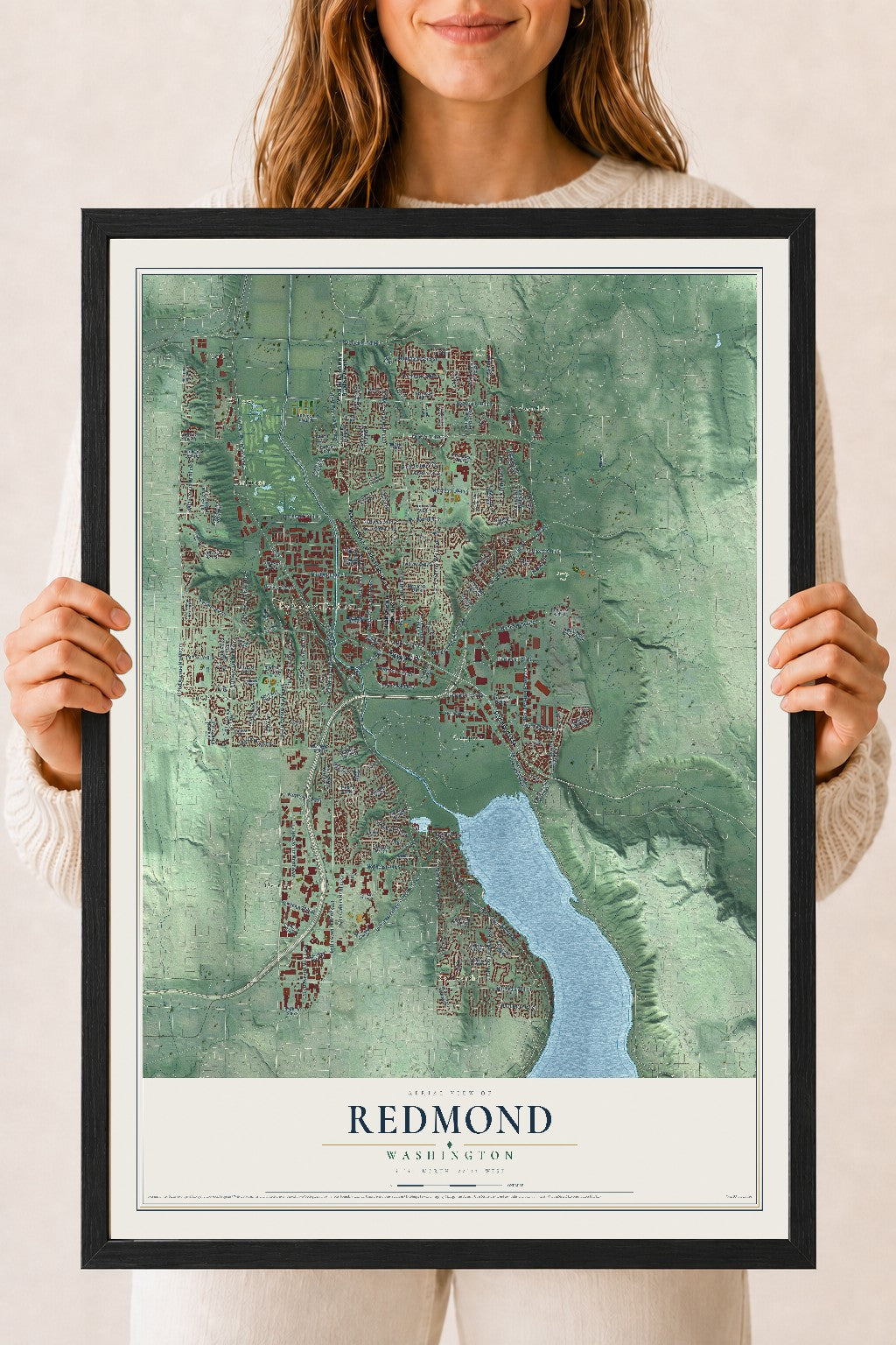 Map of Redmond, Washington, 18 x 24 inch print in a black wood frame