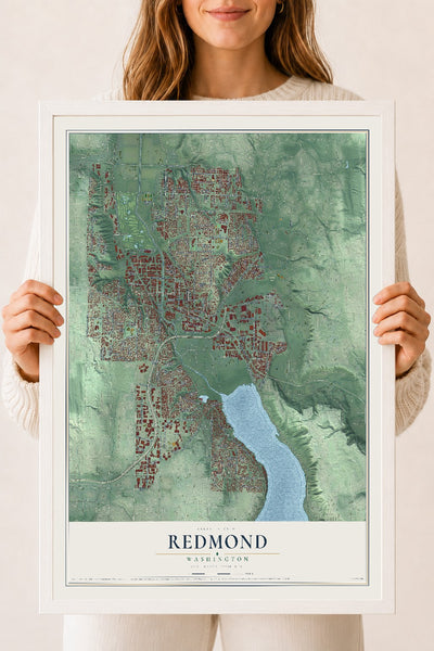 Map of Redmond, Washington, 18 x 24 inch print in a white wood frame