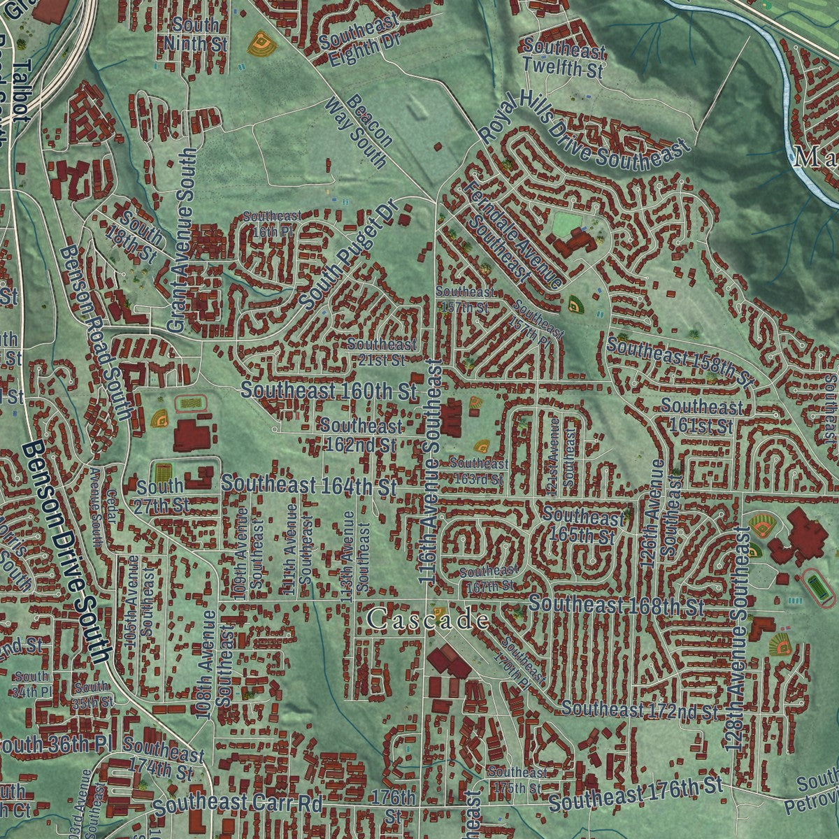 Close-up of the map of Renton, Washington print showing street and building detail