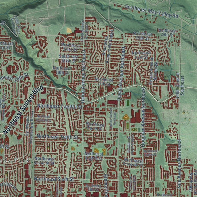 Second close-up of the map of Renton, Washington print showing more streets and buildings