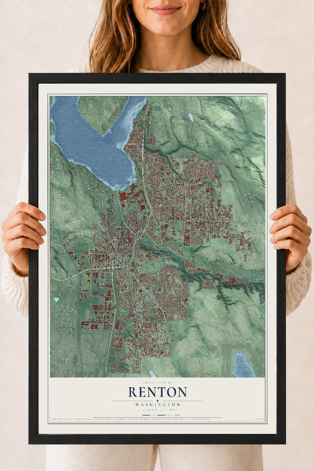 Map of Renton, Washington, 18 x 24 inch print in a black wood frame