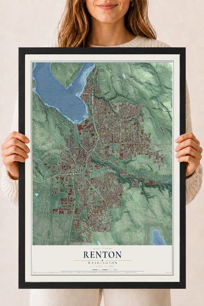 Map of Renton, Washington, 18 x 24 inch print in a black wood frame