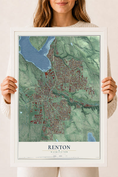 Map of Renton, Washington, 18 x 24 inch print in a white wood frame