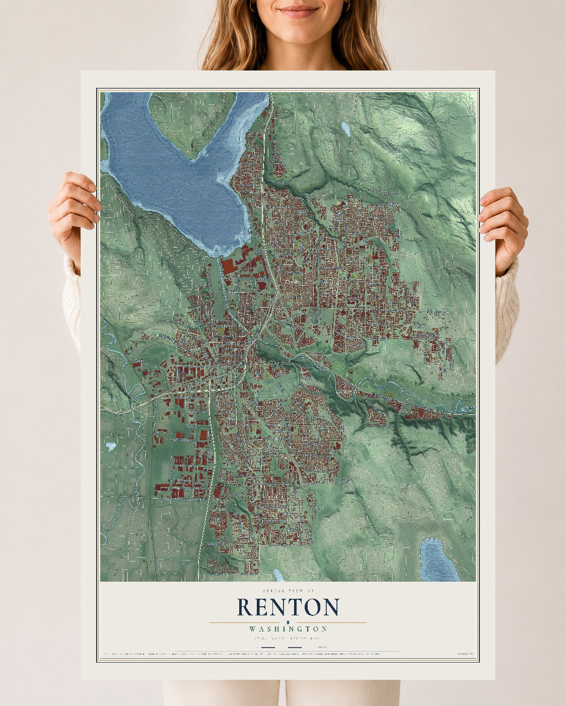 Map of Renton, Washington, 24 x 36 inch unframed archival matte print