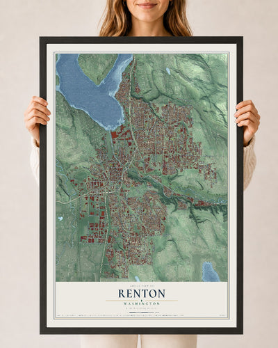 Map of Renton, Washington, 24 x 36 inch print in a black wood frame