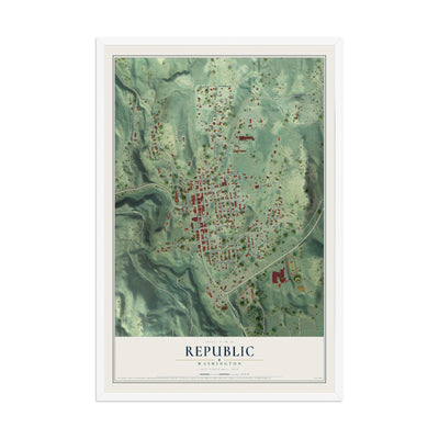 Map of Republic, Washington, 12 x 18 inch print in a white wood frame