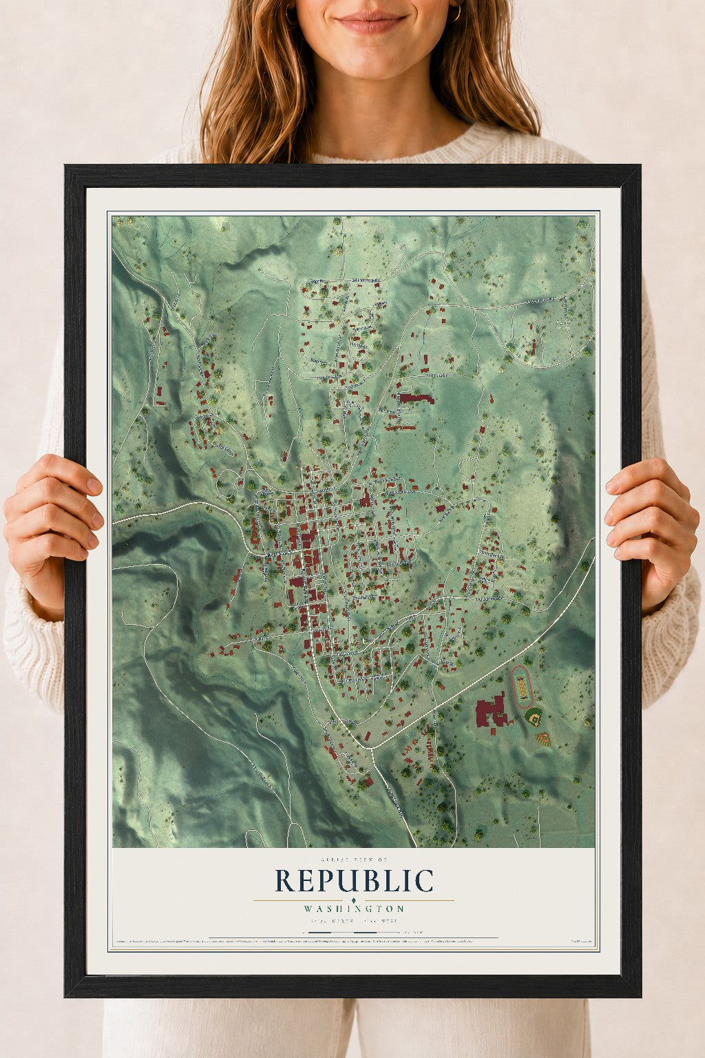 Map of Republic, Washington, 18 x 24 inch print in a black wood frame