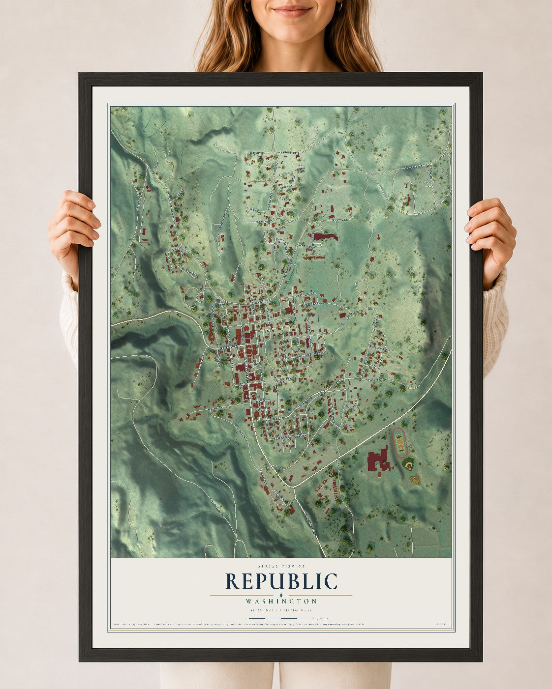 Map of Republic, Washington, 24 x 36 inch print in a black wood frame
