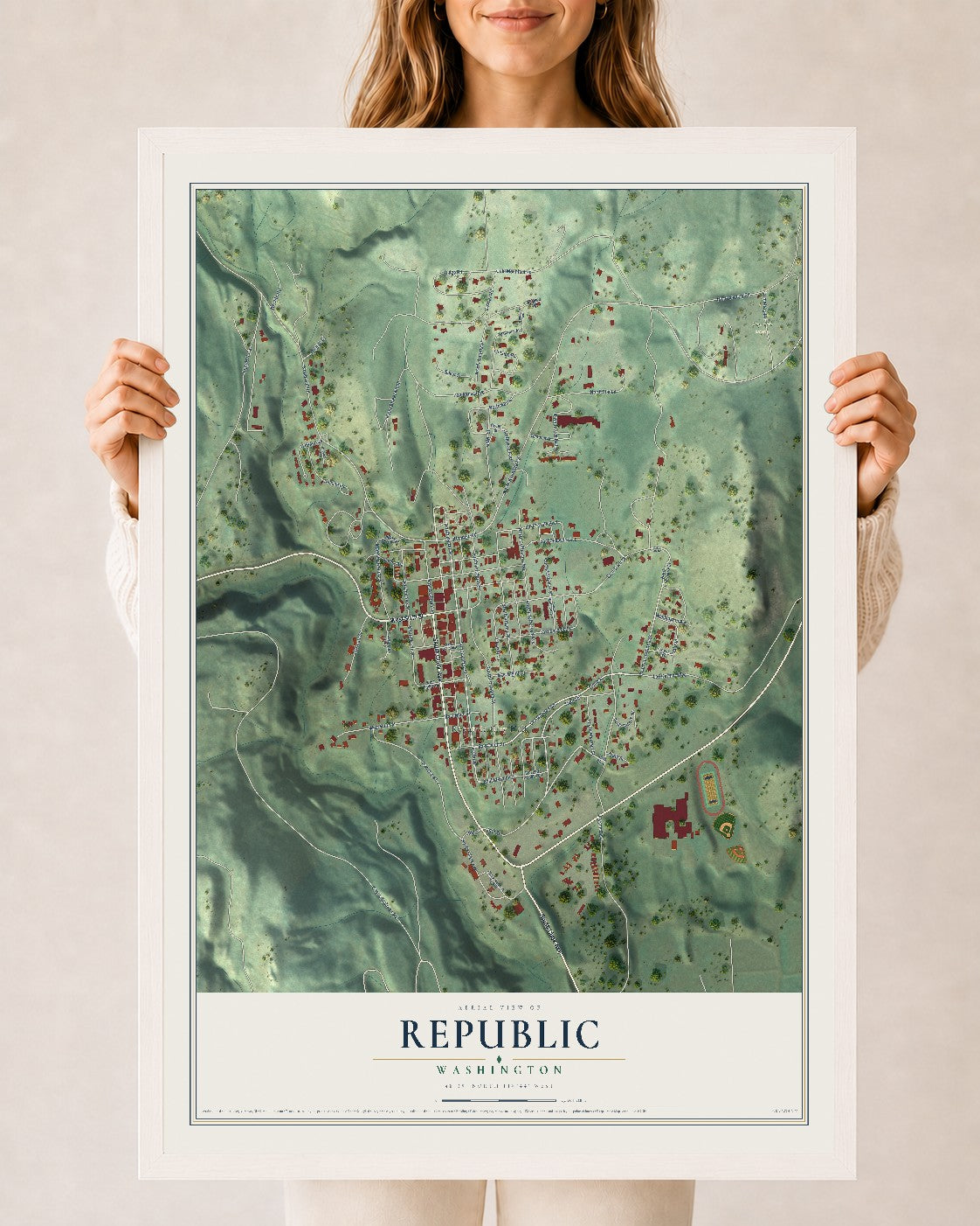Map of Republic, Washington, 24 x 36 inch print in a white wood frame