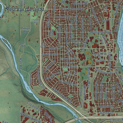 Close-up of the map of Richland, Washington print showing street and building detail