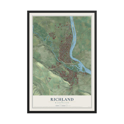 Map of Richland, Washington, 12 x 18 inch print in a black wood frame