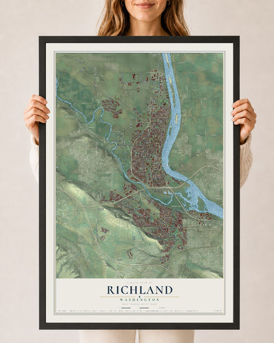 Map of Richland, Washington, 24 x 36 inch print in a black wood frame