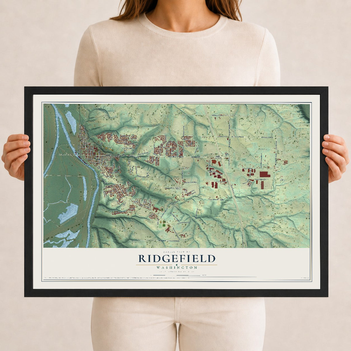 Map of Ridgefield, Washington, 12 x 18 inch print in a black wood frame