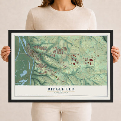 Map of Ridgefield, Washington, 12 x 18 inch print in a black wood frame