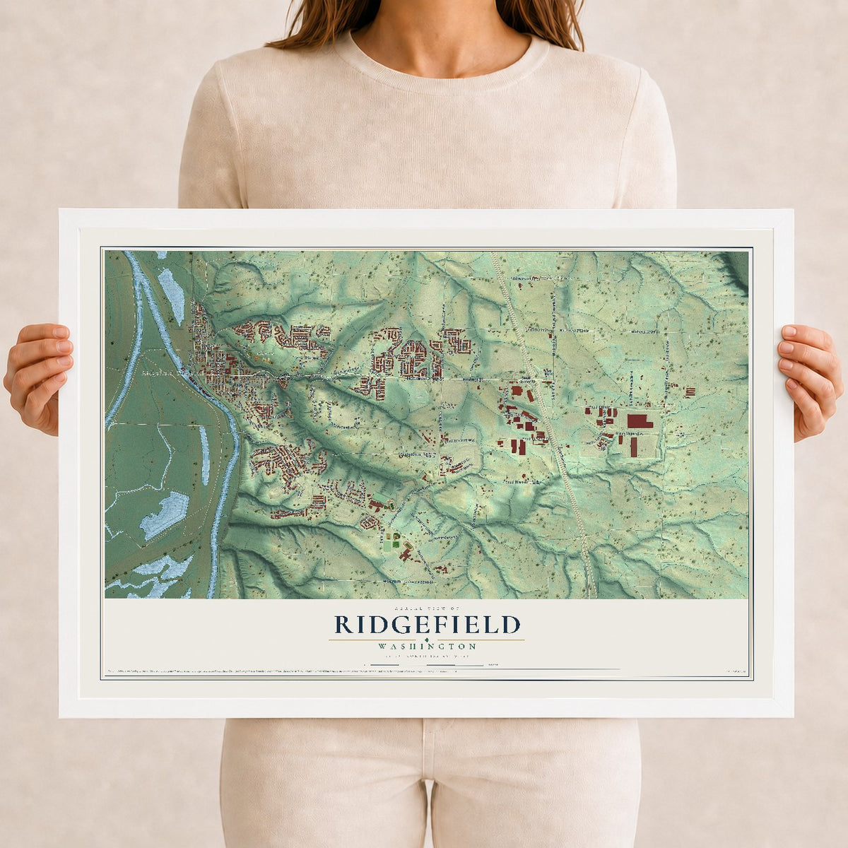Map of Ridgefield, Washington, 12 x 18 inch print in a white wood frame