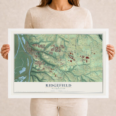 Map of Ridgefield, Washington, 12 x 18 inch print in a white wood frame