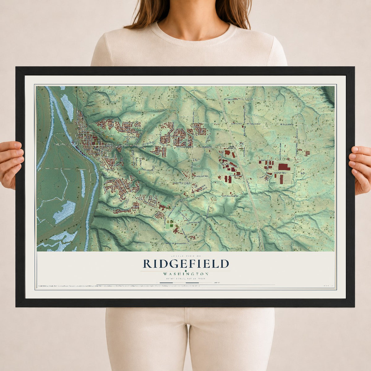 Map of Ridgefield, Washington, 18 x 24 inch print in a black wood frame