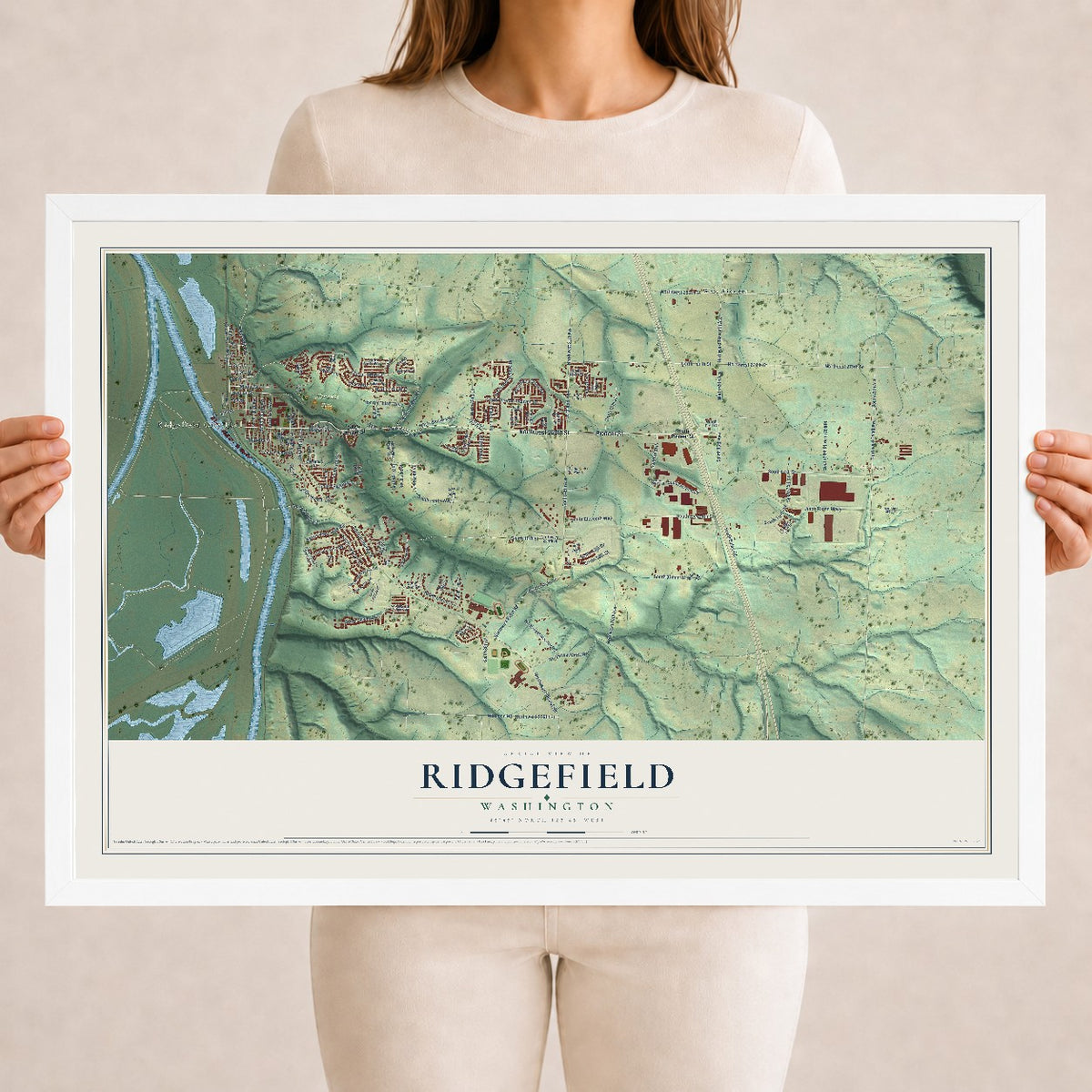 Map of Ridgefield, Washington, 18 x 24 inch print in a white wood frame