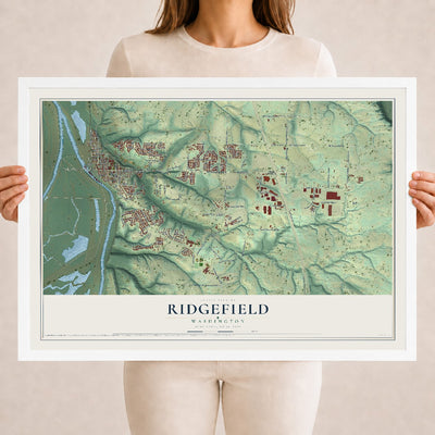 Map of Ridgefield, Washington, 18 x 24 inch print in a white wood frame