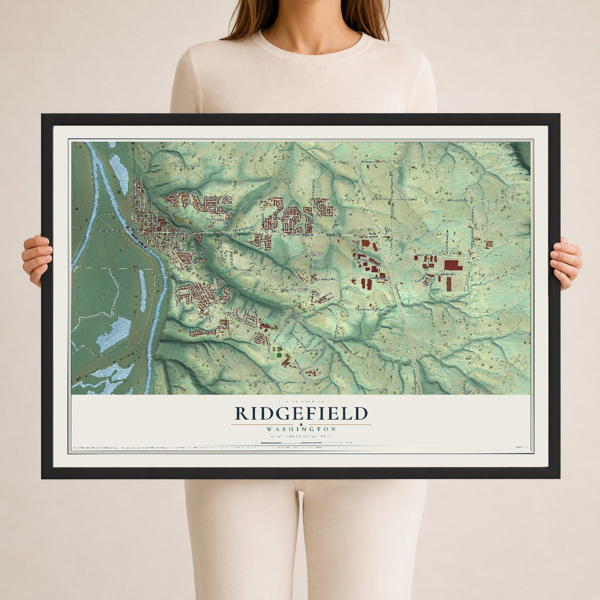 Map of Ridgefield, Washington, 24 x 36 inch print in a black wood frame